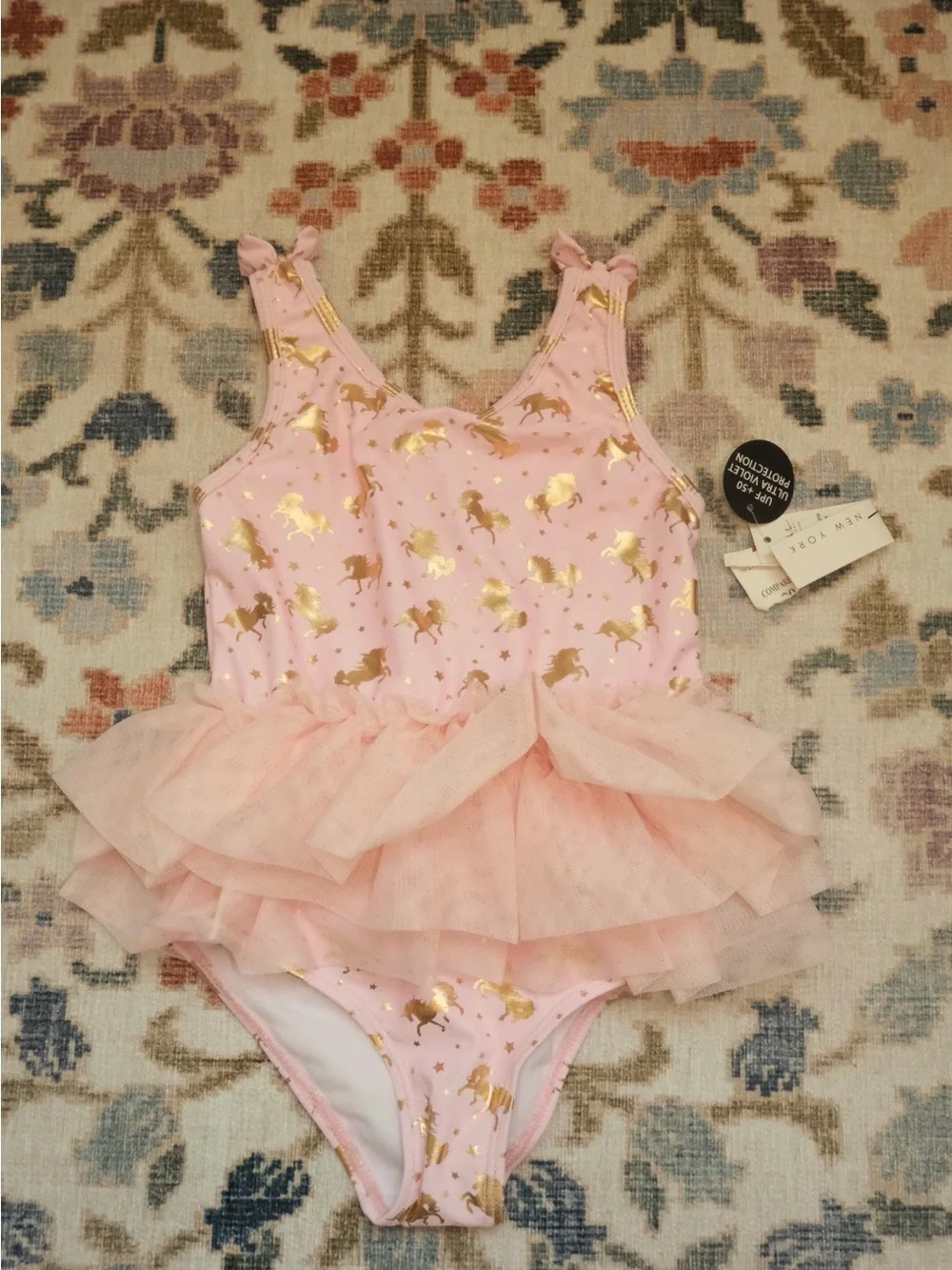 Girls Pink Gold Unicorn Tutu One-Piece Swimsuit - New With Tags